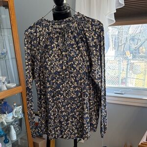 Chaps Navy and Cream Floral Long-Sleeve Blouse
